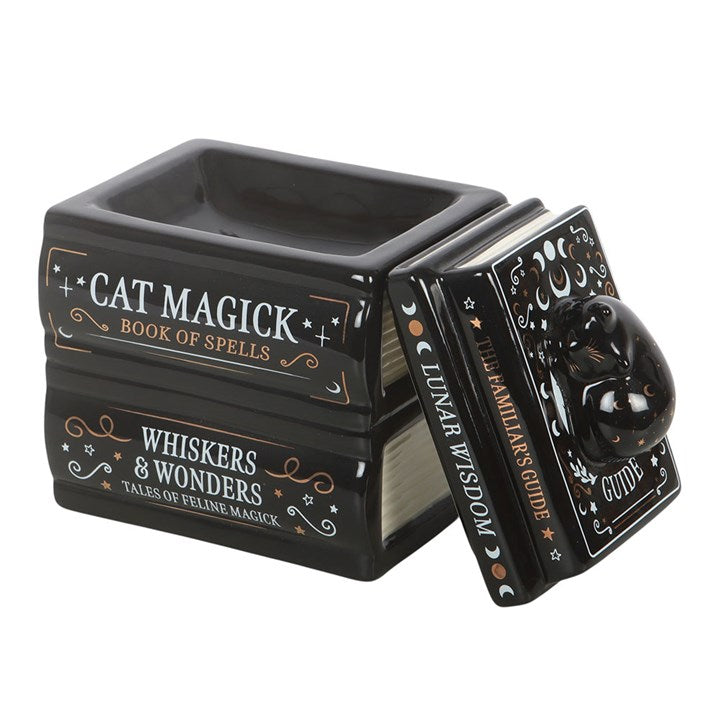 The Familiar's Library — Black Cat Book Stack Oil Burner