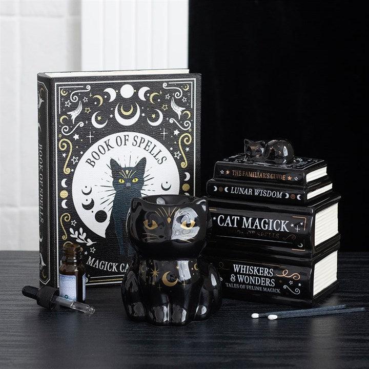 The Familiar's Library — Black Cat Book Stack Oil Burner
