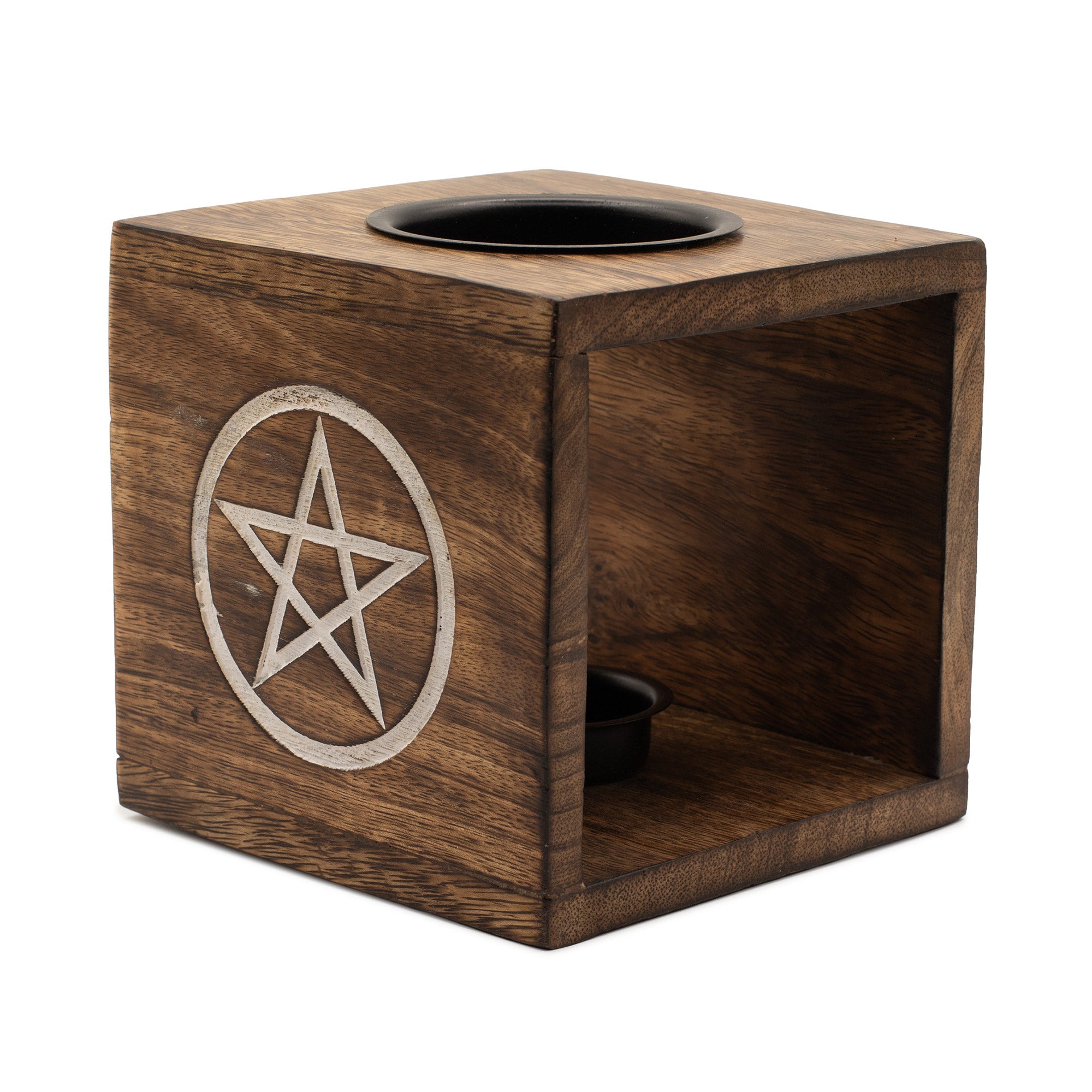 Wooden cube with pentagram design on a white background