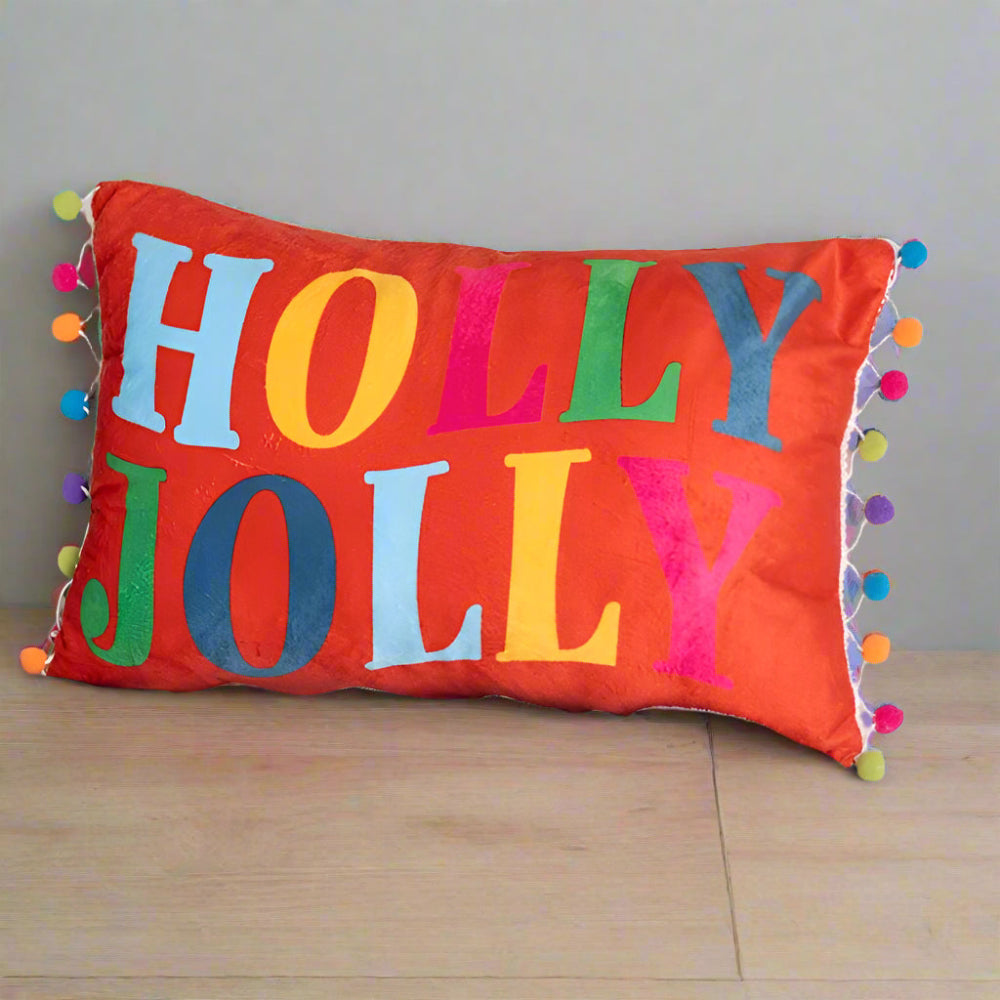 Eleanoras Red Holly Jolly Cushion with Pom Poms Cushions & Covers