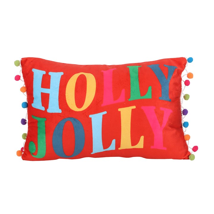 Eleanoras Red Holly Jolly Cushion with Pom Poms Cushions & Covers