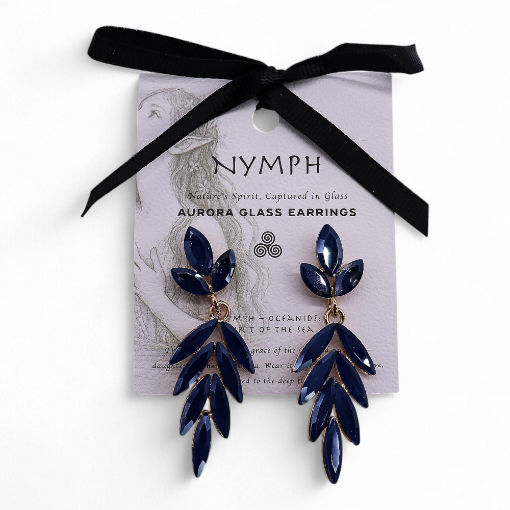 Navy blue glass earrings on a 'Nymph' branded card with a black ribbon.