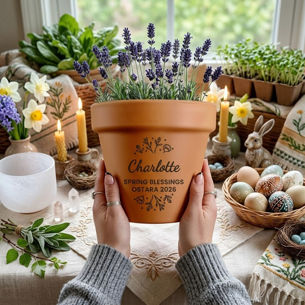 Personalised Ostara Plant Pot with Gardening Tools Design