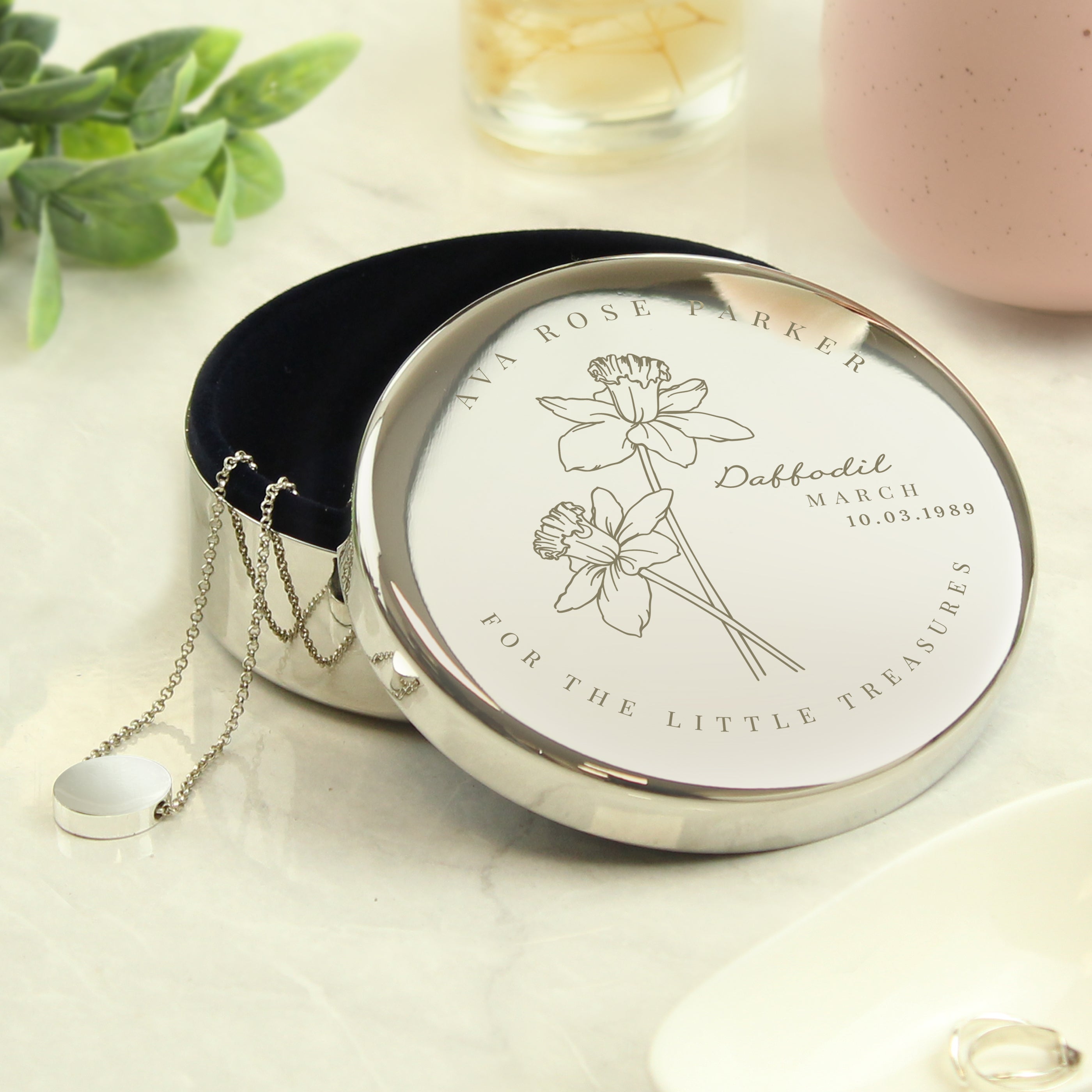 Eleanoras Personalised March Birth Flower Round Trinket Box Jewellery Storage
