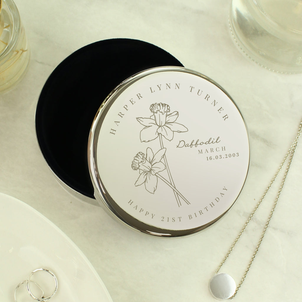 Eleanoras Personalised March Birth Flower Round Trinket Box Jewellery Storage