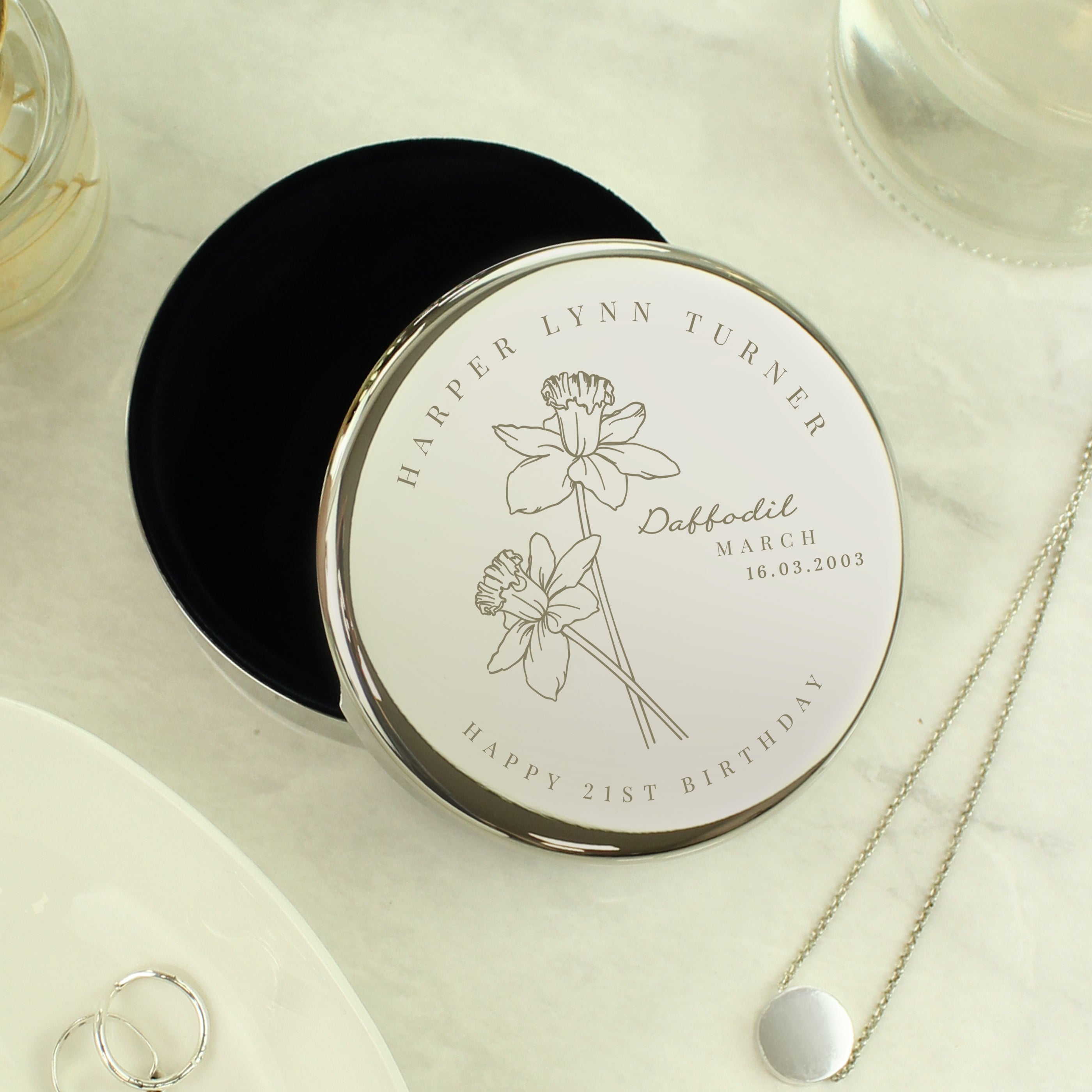 Eleanoras Personalised March Birth Flower Round Trinket Box Jewellery Storage