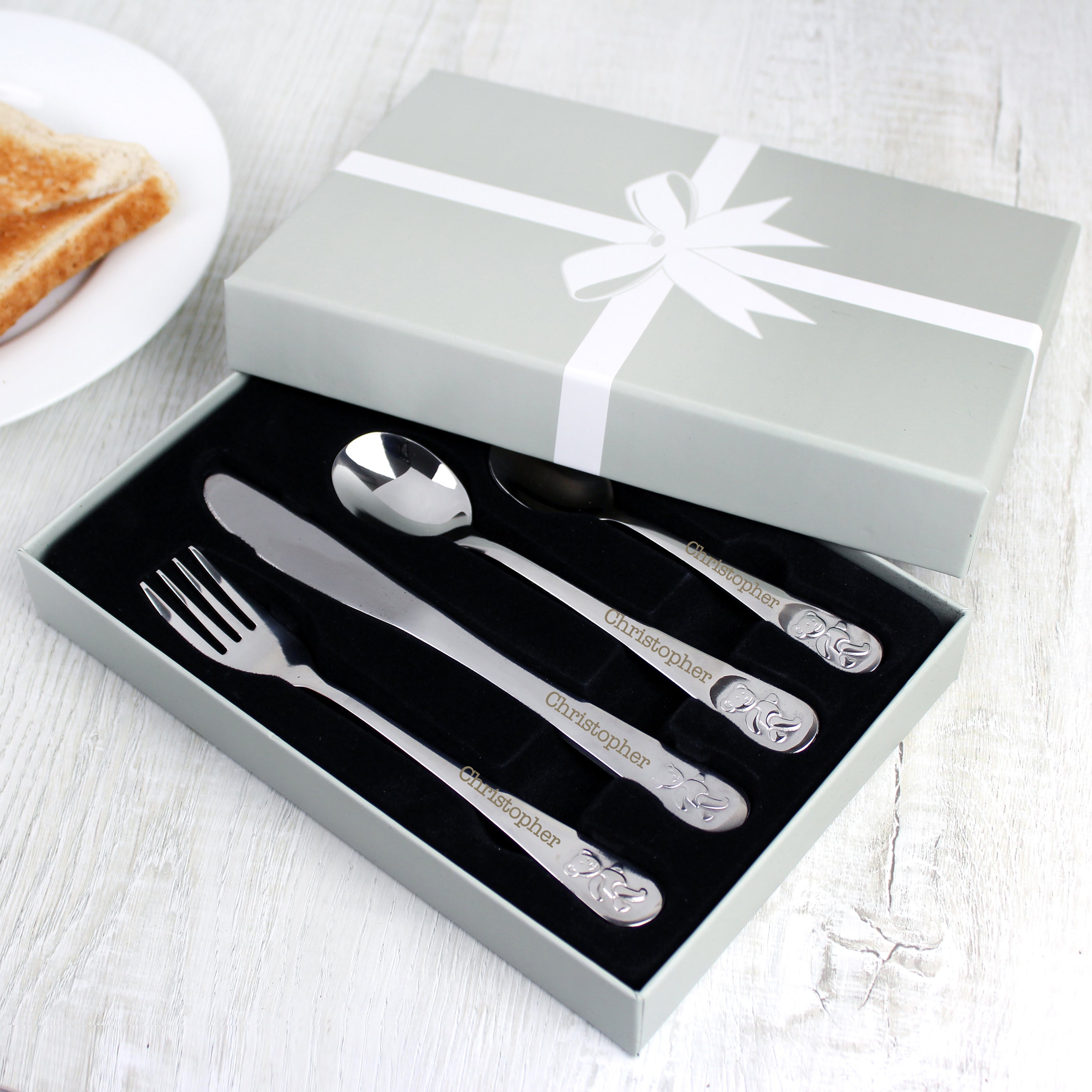Eleanoras Personalised Teddy 4 Piece Embossed Cutlery Set 