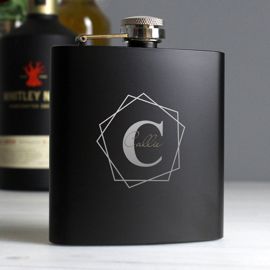 Eleanoras Personalised Geometric Initial Black Hip Flask Hip Flasks