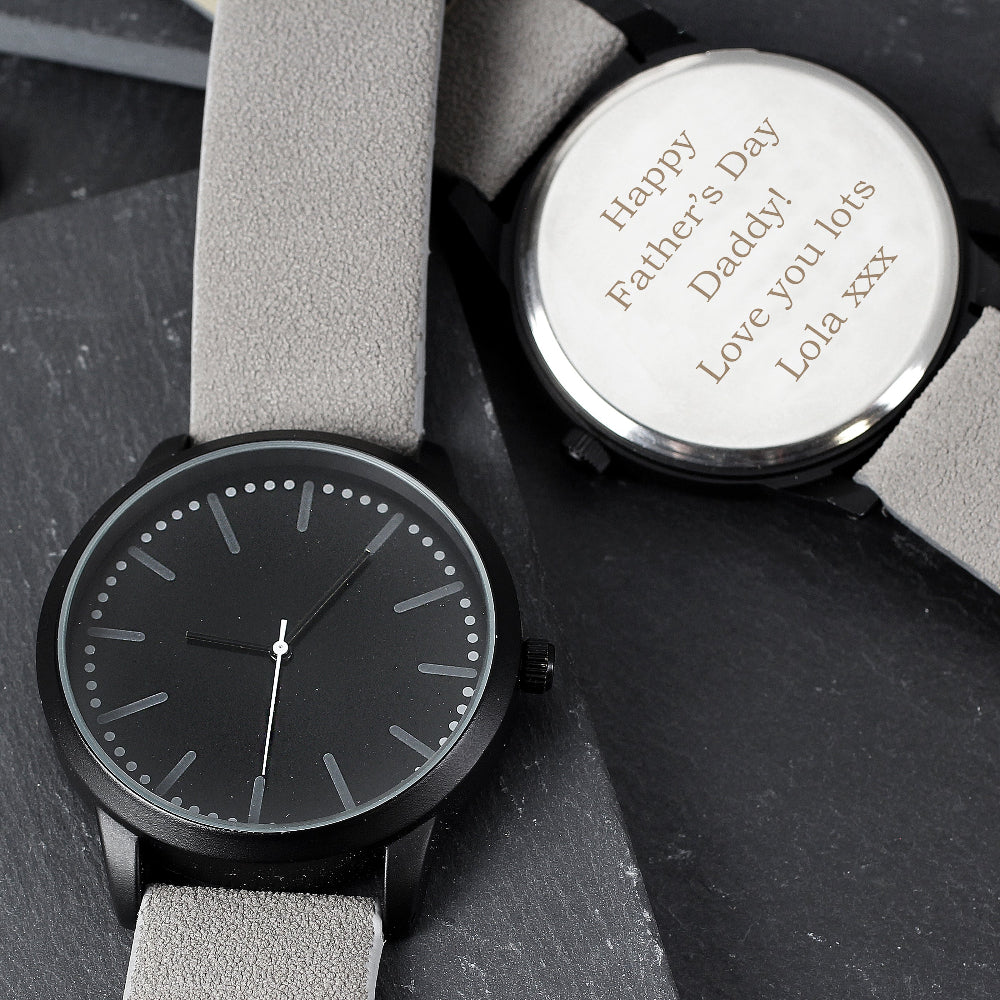Eleanoras Personalised Mens Matte Black Watch with Grey Strap and Presentation Box Watches