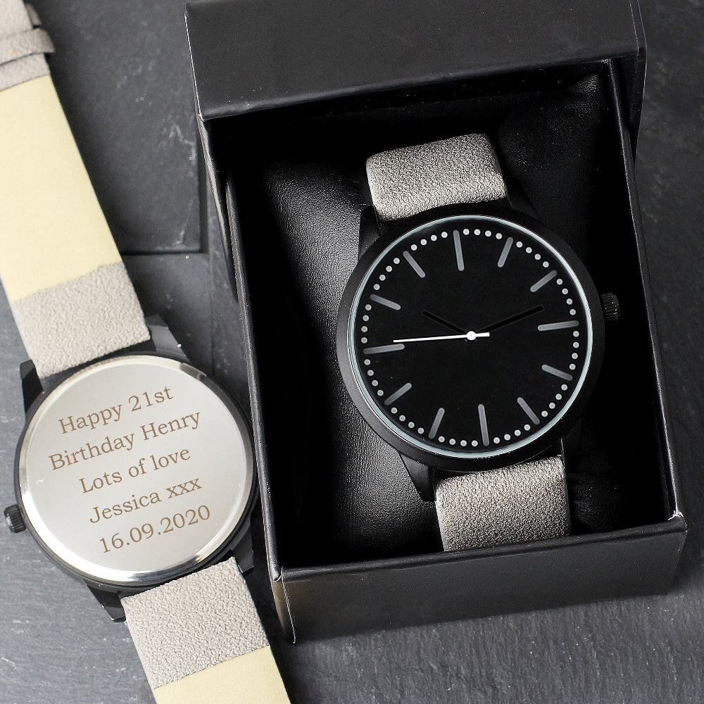 Eleanoras Personalised Mens Matte Black Watch with Grey Strap and Presentation Box Watches