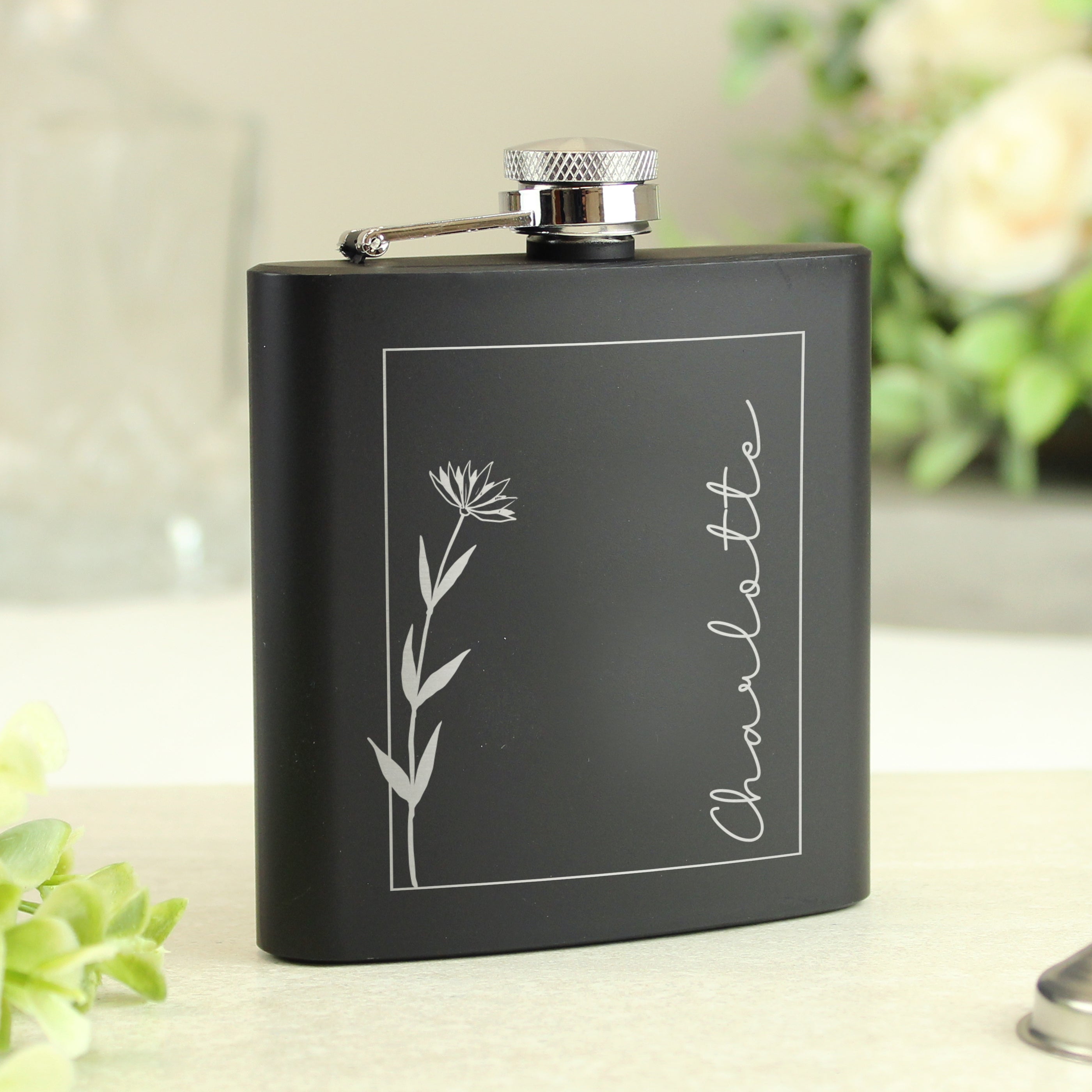 Eleanoras Personalised Monochrome Floral Name Black Hip Flask Hip Flasks