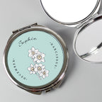 Compact mirror with floral design and 'Sophie' on a light blue background