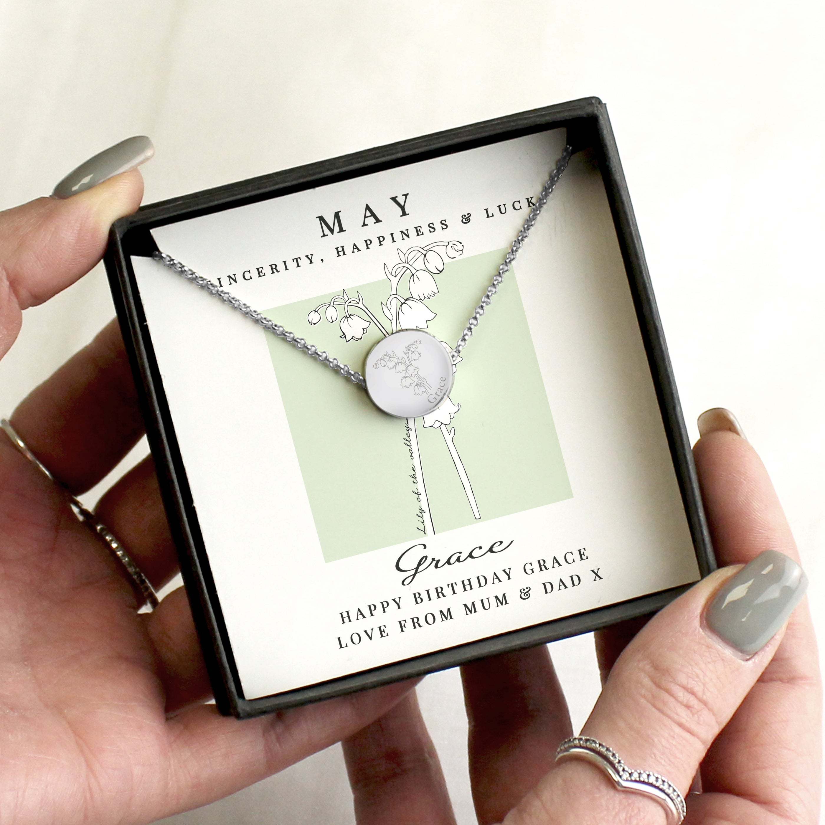Eleanoras Personalised May Flower Necklace & Box Jewellery