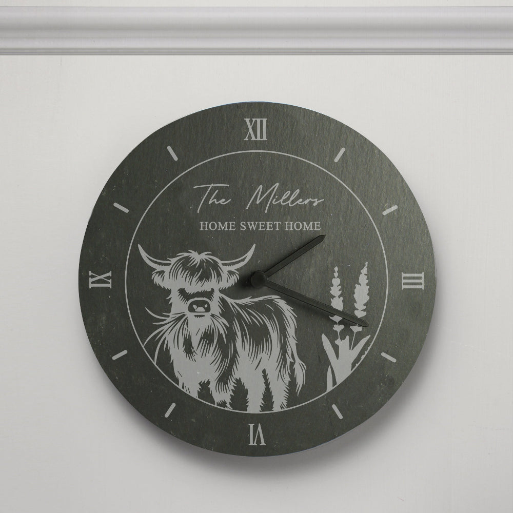 Eleanoras Personalised Highland Cow Slate Clock Clocks