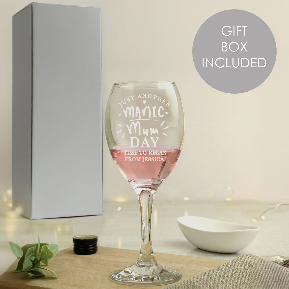 Personalised Manic Mum Day Wine Glass