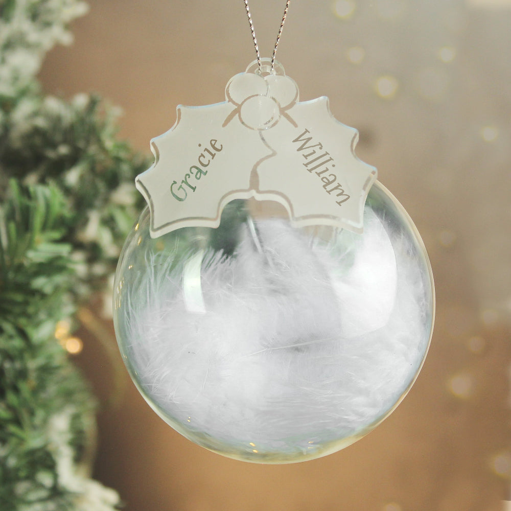 Eleanoras Holly Personalised Acrylic White Feather Bauble Christmas Baubles & Decorations