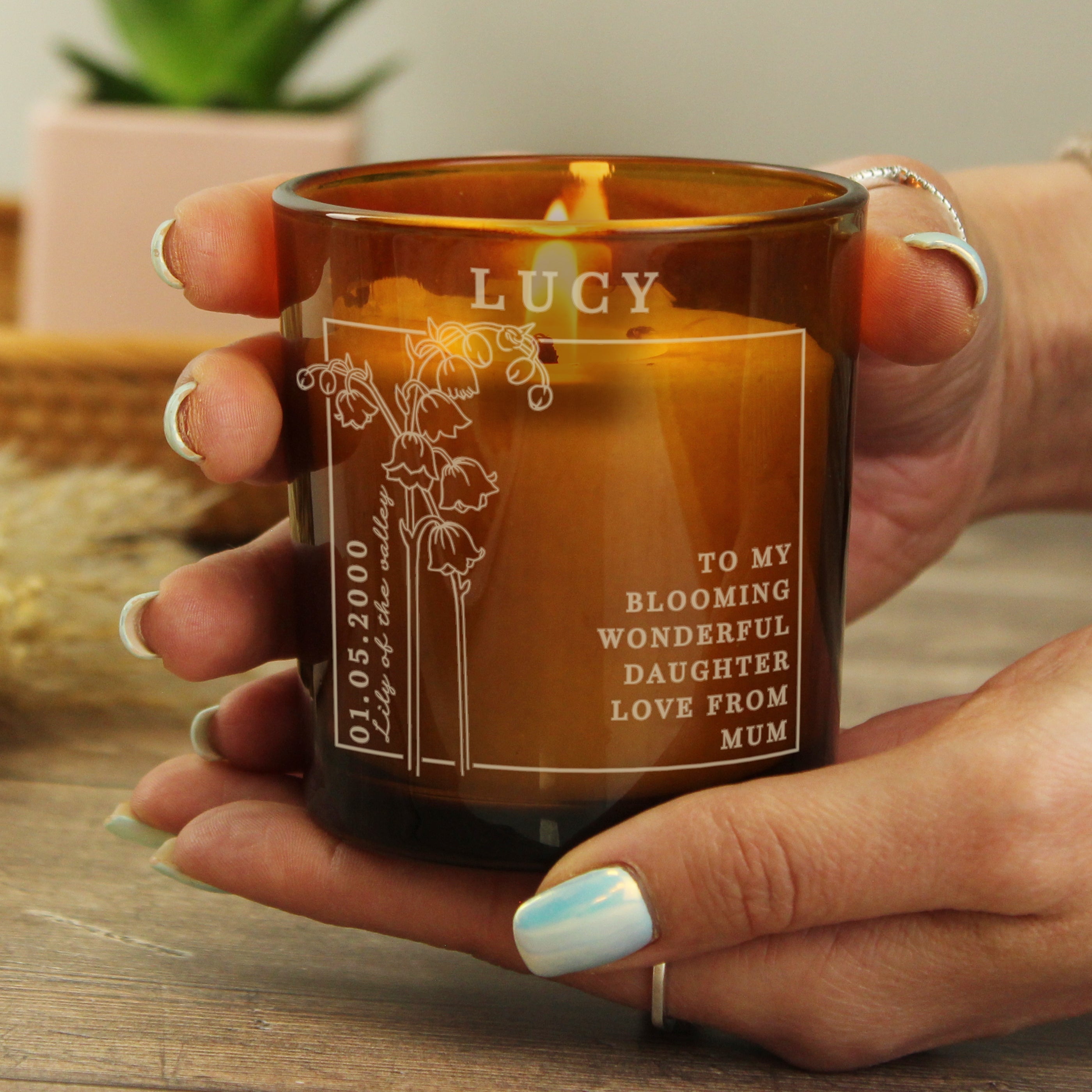 Eleanoras Personalised May Birth Flower Amber Glass Candle Candles
