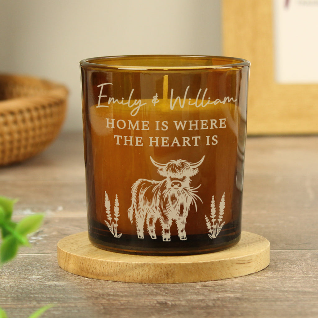 Eleanoras Personalised Engraved Highland Cow Amber Glass Candle Home Fragrance