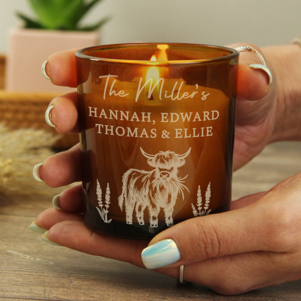Eleanoras Personalised Engraved Highland Cow Amber Glass Candle Home Fragrance