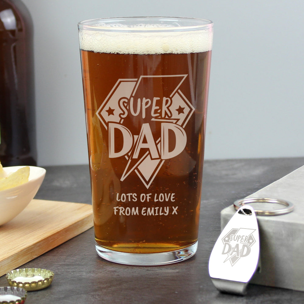 Eleanoras Personalised Super Dad Pint Glass & Bottle Opener Glassware