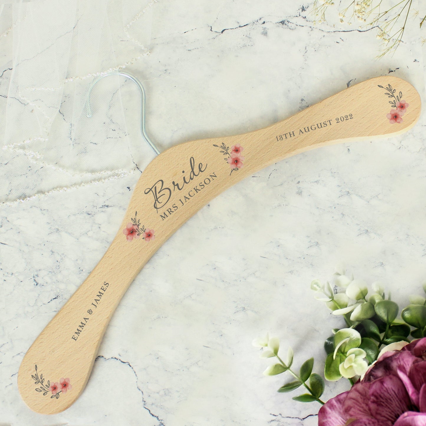 Eleanoras BRIDE PINK FLORAL PERSONALISED WOODEN HANGER 