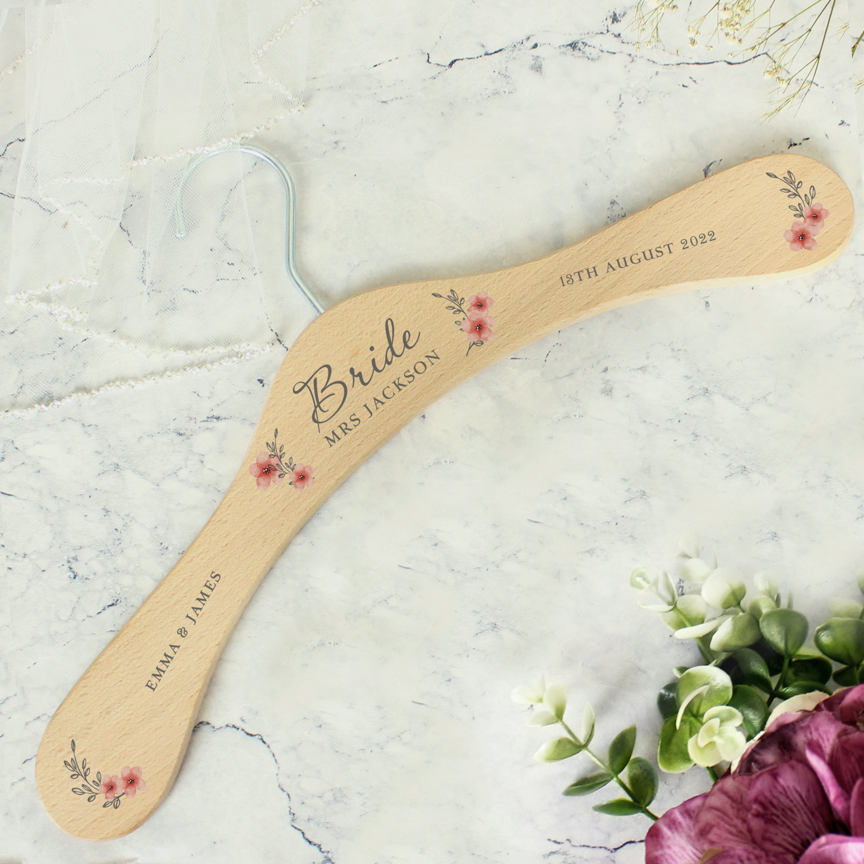 Eleanoras Personalised Bride Pink Floral Wooden Hanger 