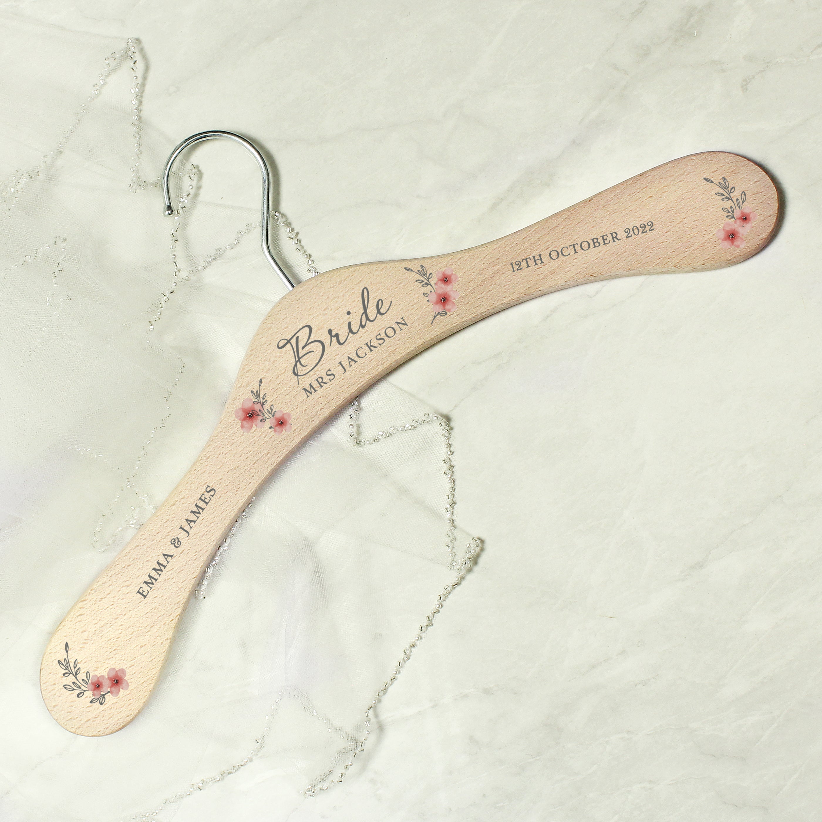 Eleanoras Personalised Bride Pink Floral Wooden Hanger 