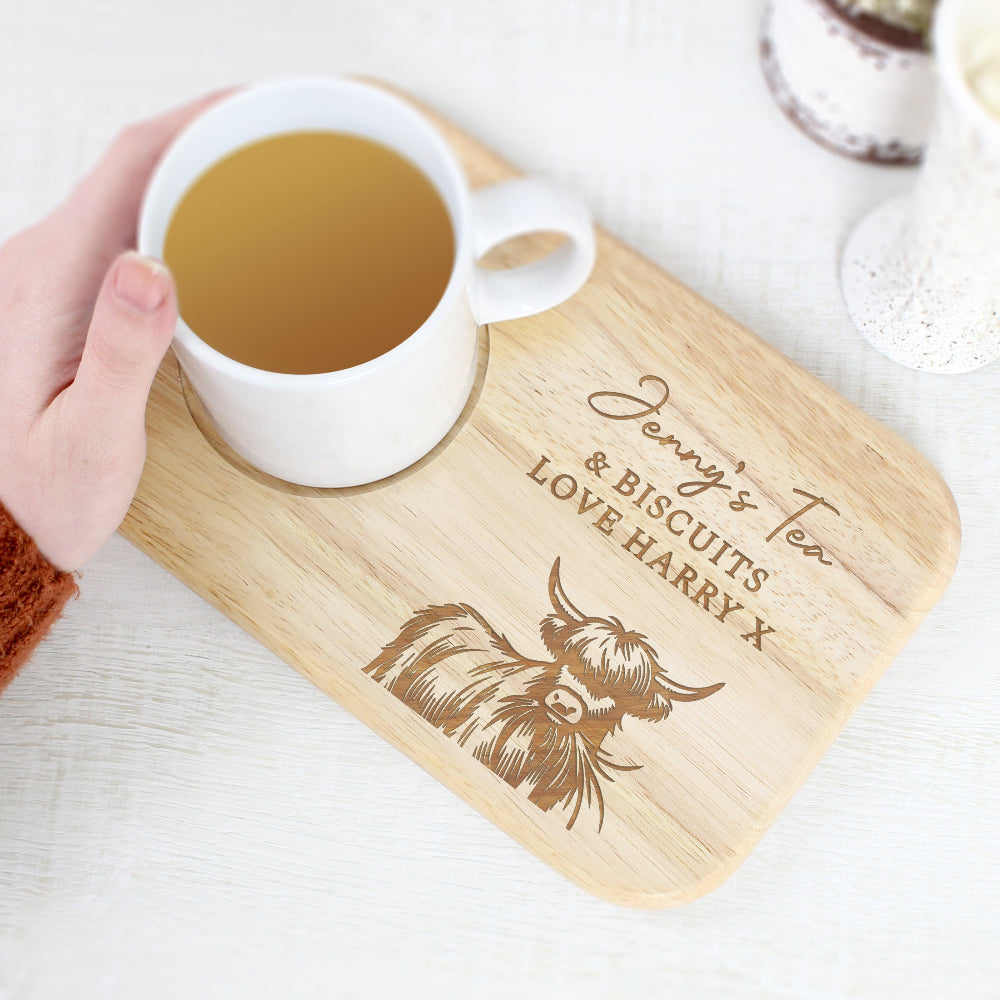 Eleanoras Personalised Highland Cow Wooden Coaster Tray Trays