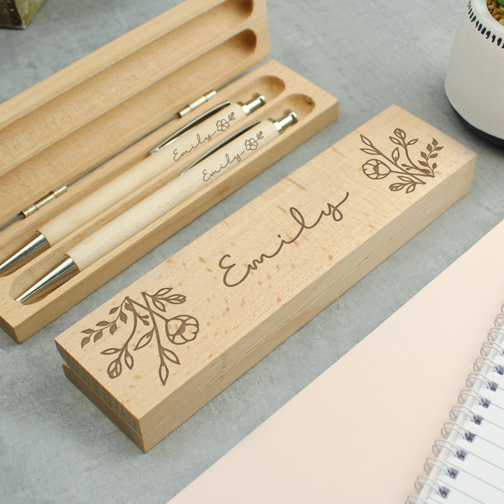 Eleanoras Personalised Floral Wooden Pen and Pencil Set Stationery Sets