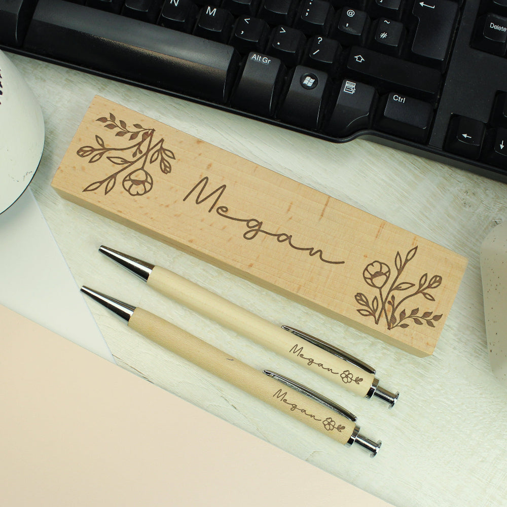 Eleanoras Personalised Floral Wooden Pen and Pencil Set Stationery Sets