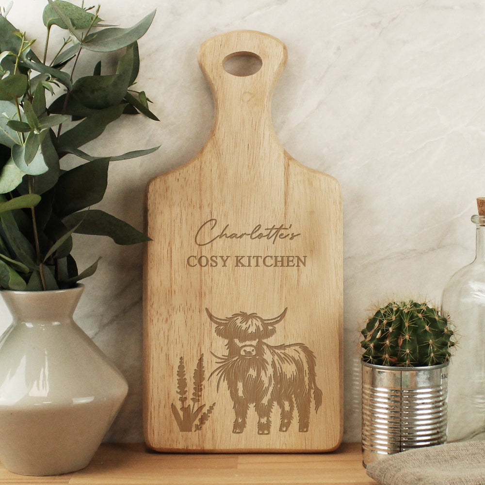 Eleanoras Personalised Highland Cow Paddle Chopping Board Serveware
