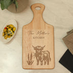 Eleanoras Personalised Highland Cow Paddle Chopping Board Serveware