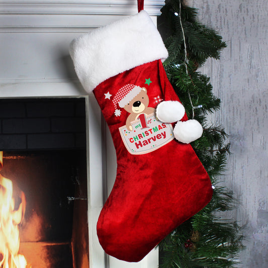 Personalised Pocket Teddy My 1st Christmas Luxury Red Stocking