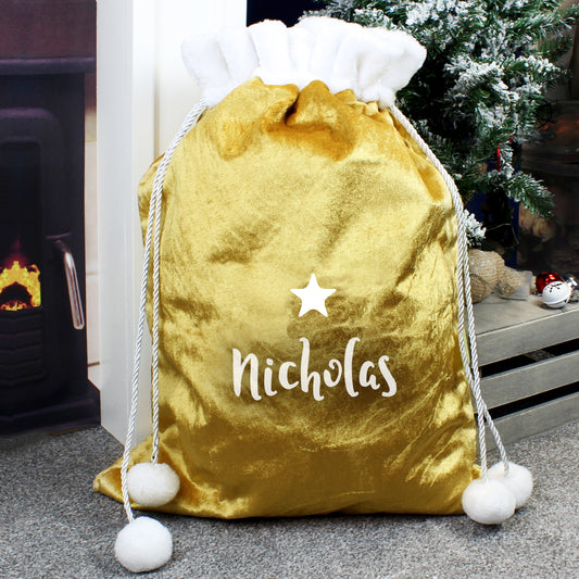 Eleanoras Personalised Name Only Gold Luxury Pom Pom Sack Stockings & Sacks