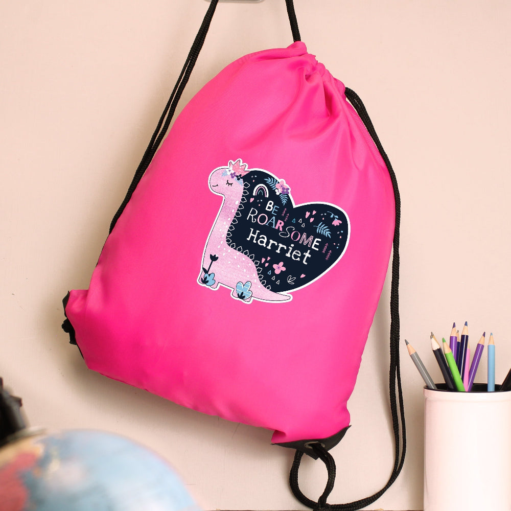 Eleanoras Pink Dinosaur Personalised Kit Bag PE Kit Bags