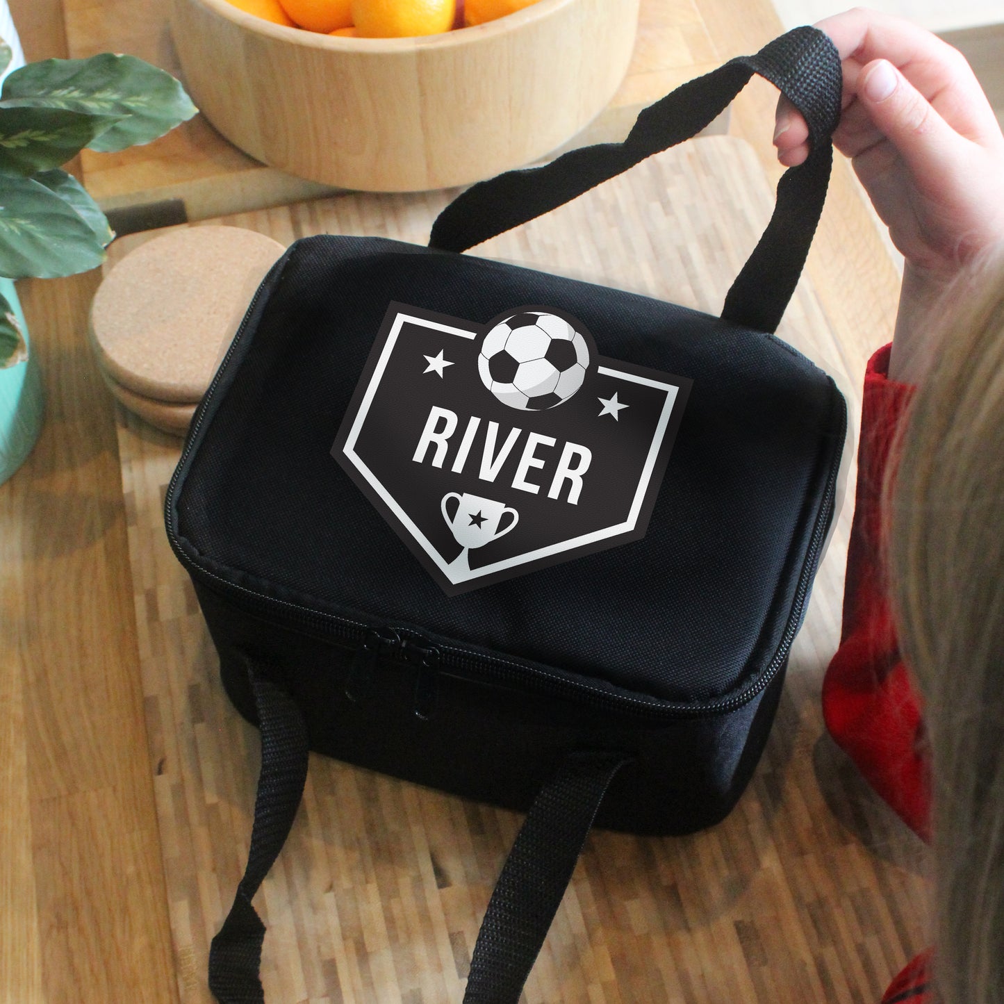 FOOTBALL PERSONALISED BLACK LUNCH BAG