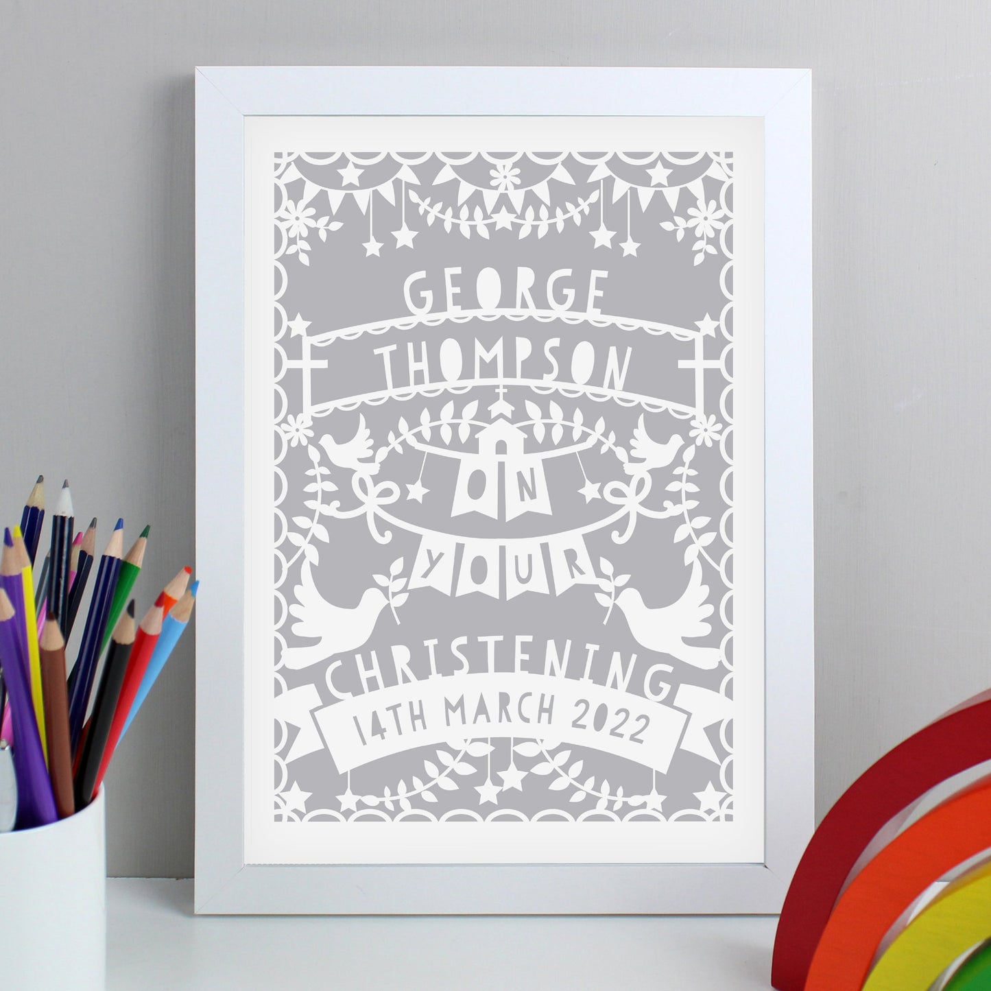 Eleanoras GREY PAPERCUT STYLE CHRISTENING FRAMED PRINT PRINTS