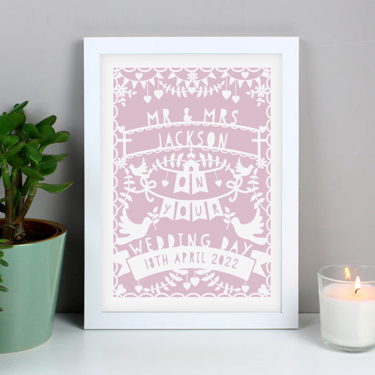 Eleanoras PINK PAPERCUT STYLE PERSONALISED WEDDING FRAMED PRINT PRINTS