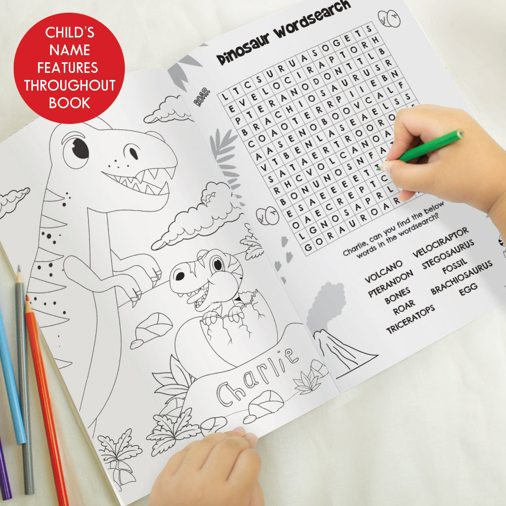 Dinosaur-themed coloring book with word search and coloring pages, featuring a child's name 'Charlie'.