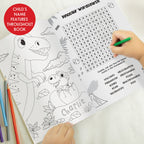 Dinosaur-themed coloring book with word search and coloring pages, featuring a child's name 'Charlie'.