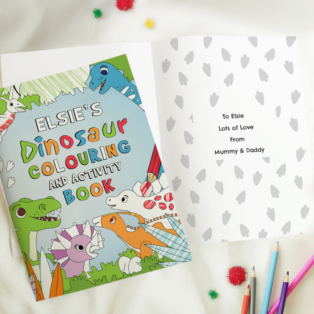 Dinosaur coloring book with personalized card on a white background