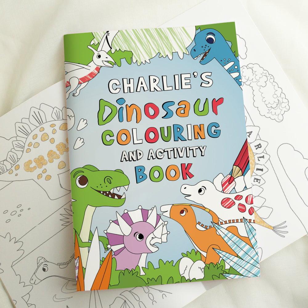 Dinosaur coloring book with colorful illustrations on a white background