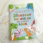 Dinosaur coloring book with colorful illustrations on a white background