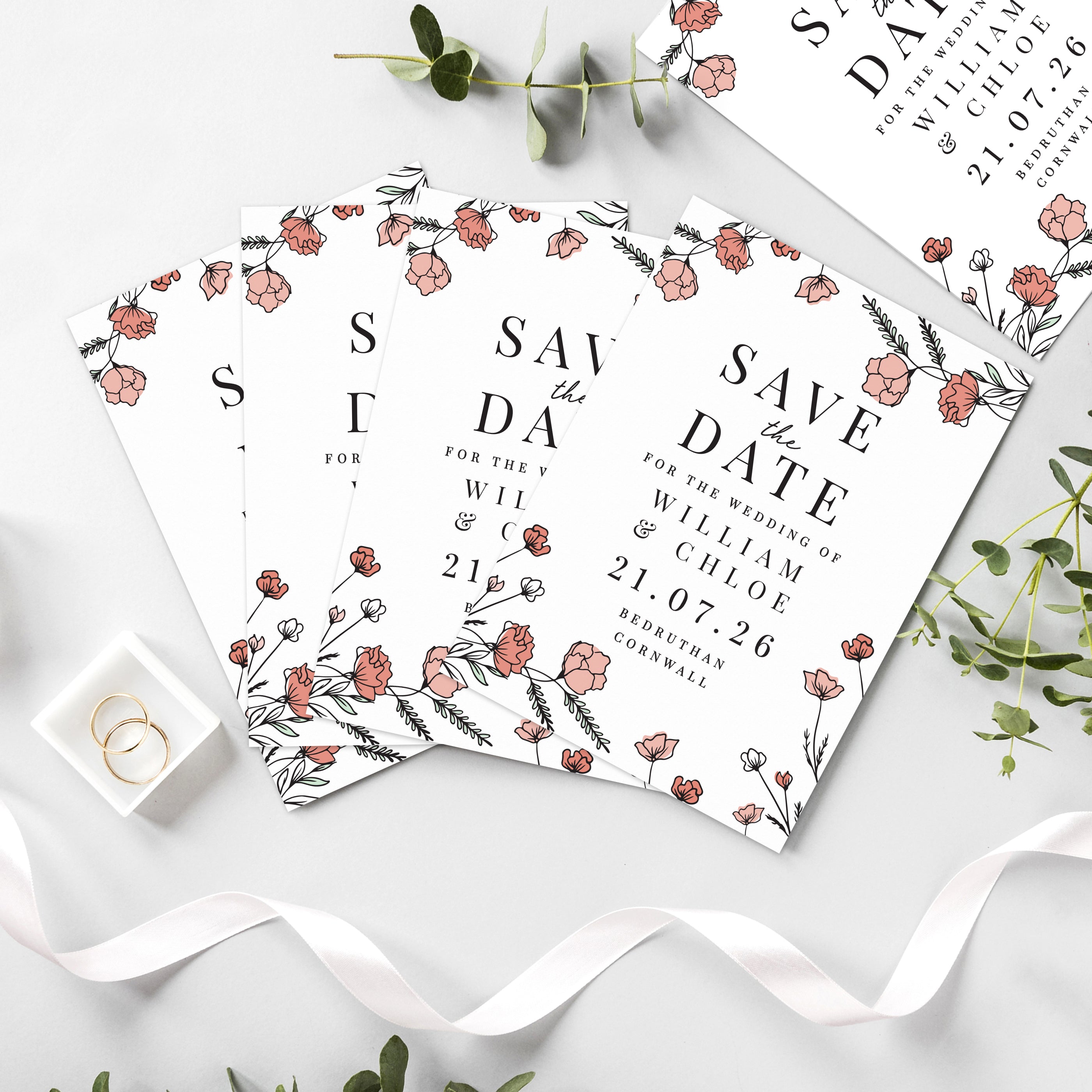 Eleanoras Personalised Pink Floral Set of 36 Wedding Save the Dates 