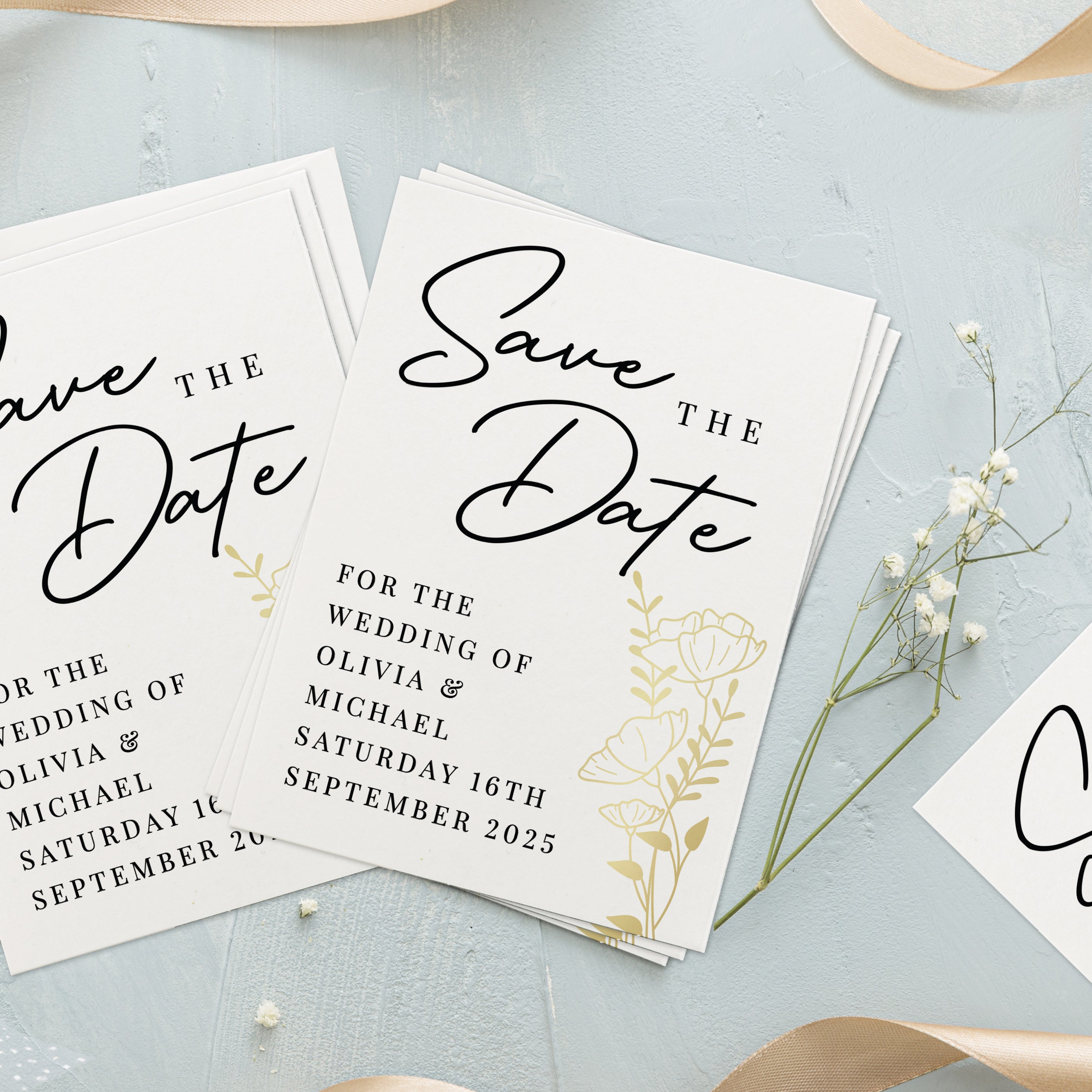 Eleanoras Personalised Gold Floral Set of 36 Wedding Save the Dates 
