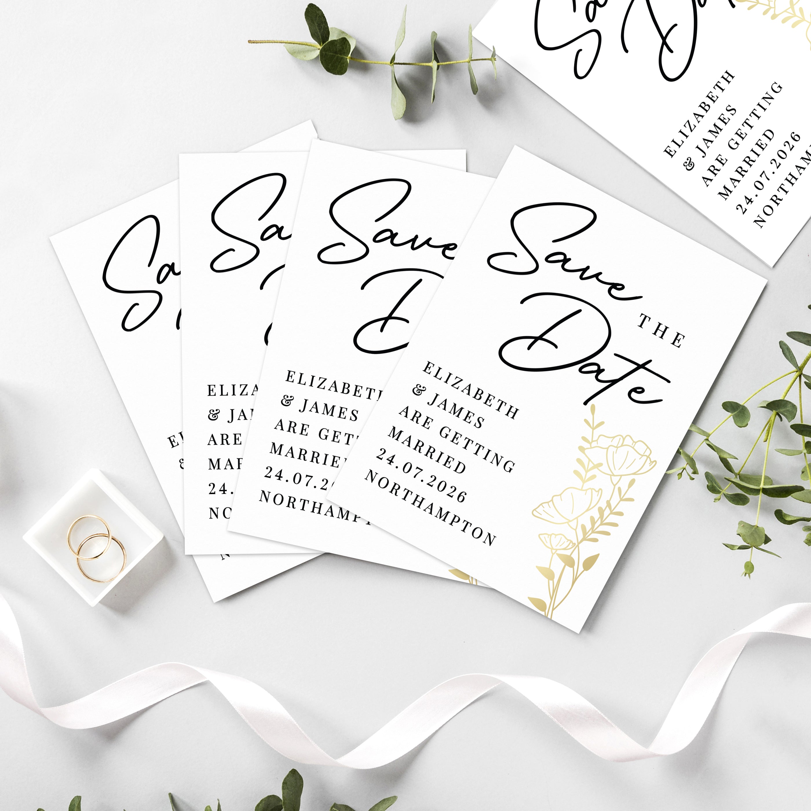 Eleanoras Personalised Gold Floral Set of 36 Wedding Save the Dates 