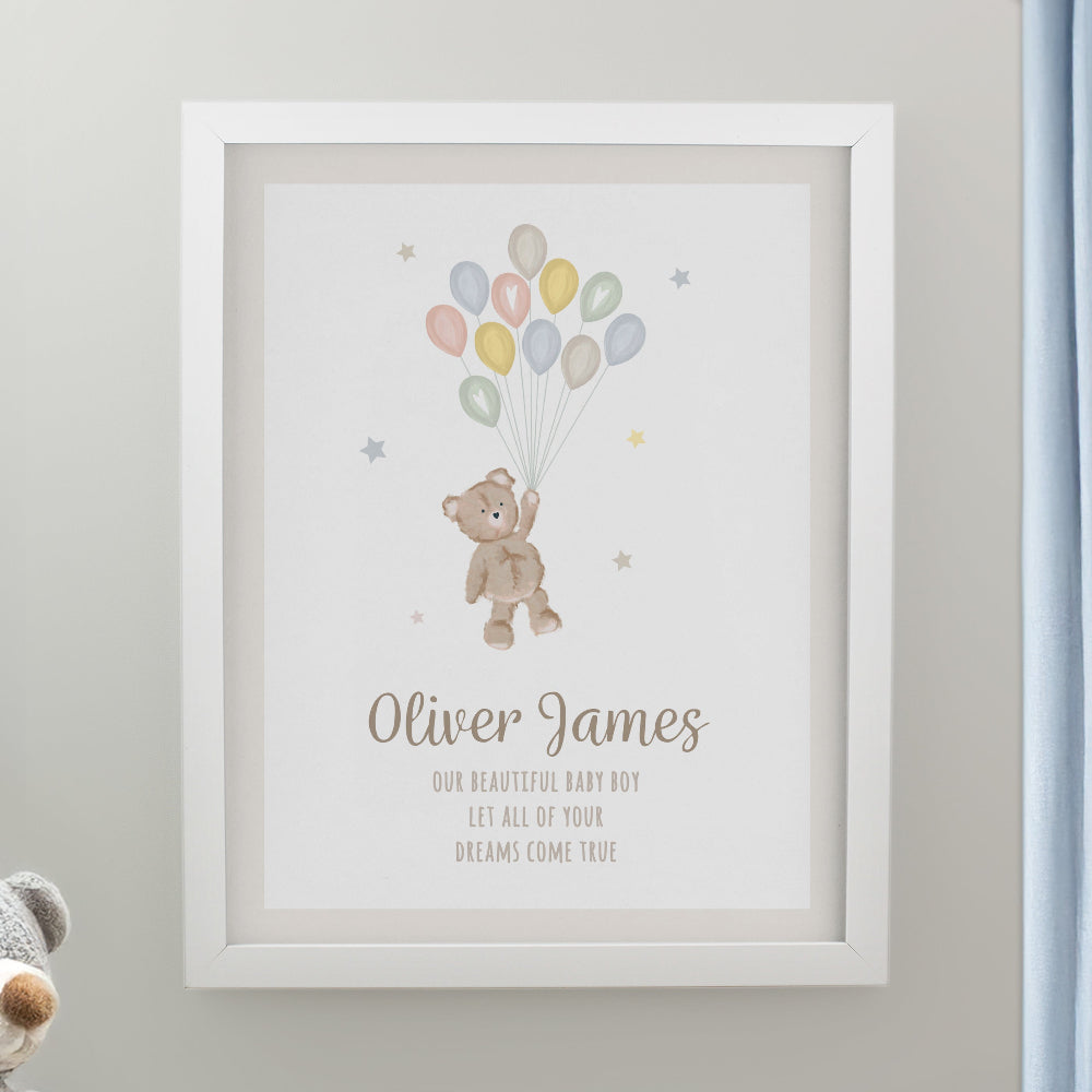 Eleanoras Personalised Teddy Balloon White Poster Frame Framed Prints