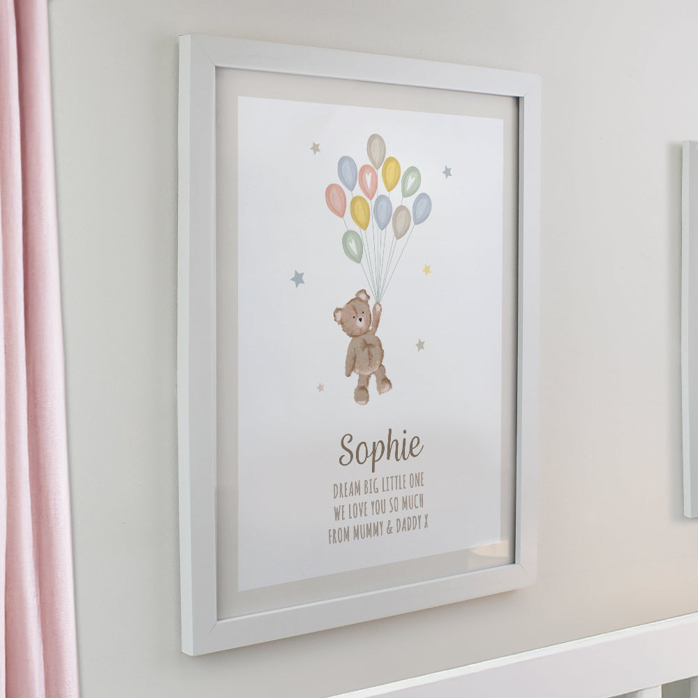 Eleanoras Personalised Teddy Balloon White Poster Frame Framed Prints