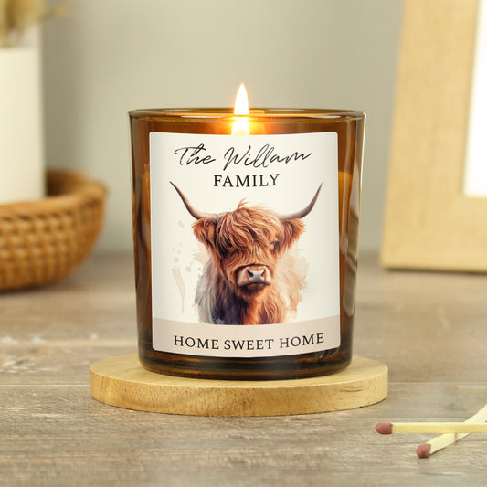 HIGHLAND COW PERSONALISED AMBER GLASS CANDLE Candles from Eleanoras