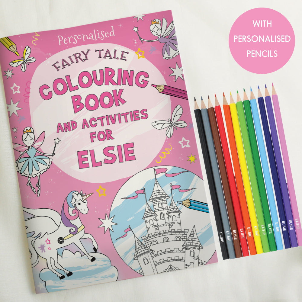 Personalized fairy tale coloring book with colored pencils on a white background